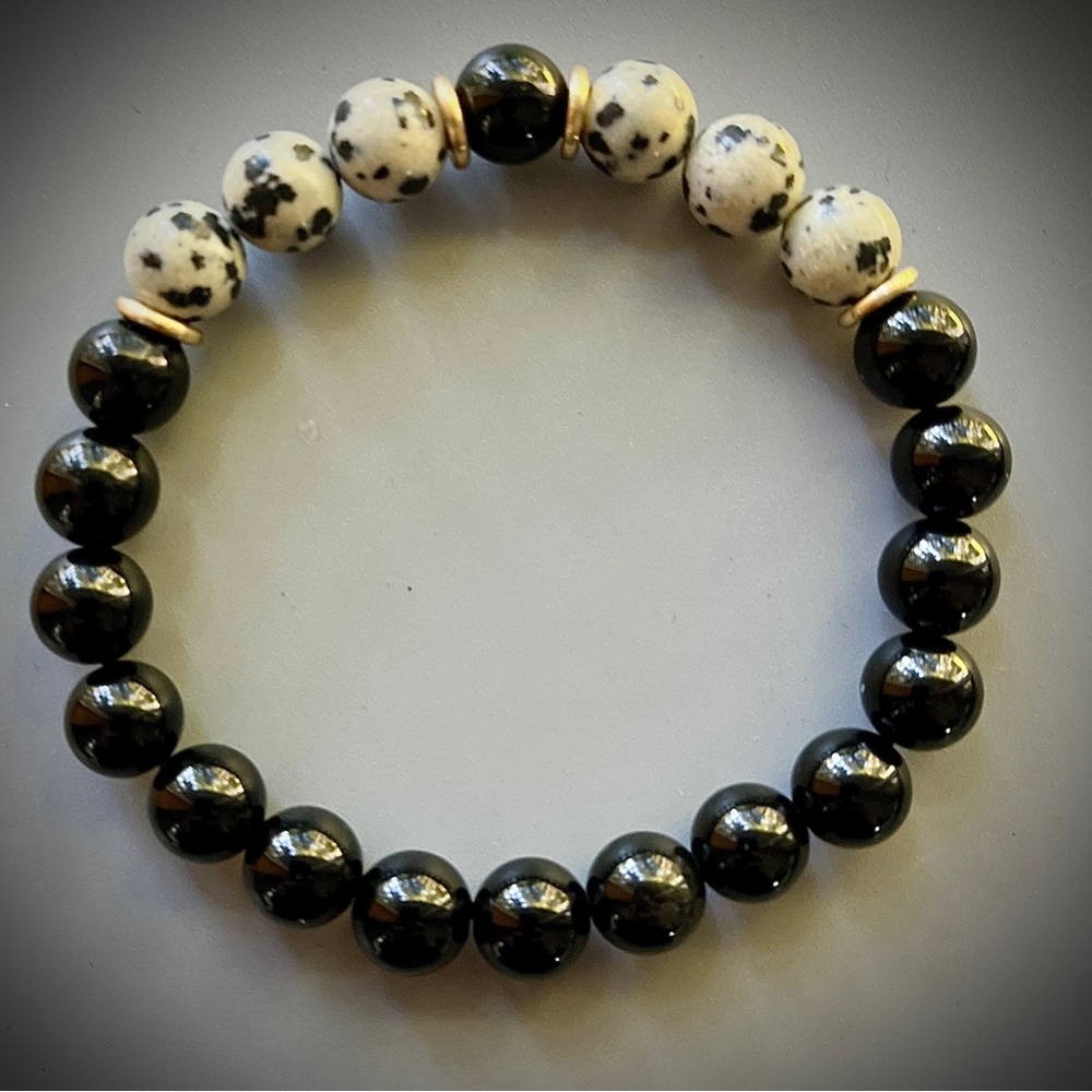 Dalmatian Jasper and Black Obsidian Handcrafted Bead Bracelet